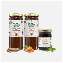 Load image into Gallery viewer, Organic Honey with Ashwagandha &amp; Turmeric 325g + Organic Honey with Tulsi 150g Free | Natures Nectar

