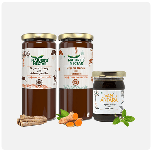 Organic Honey with Ashwagandha & Turmeric 325g + Organic Honey with Tulsi 150g Free | Natures Nectar
